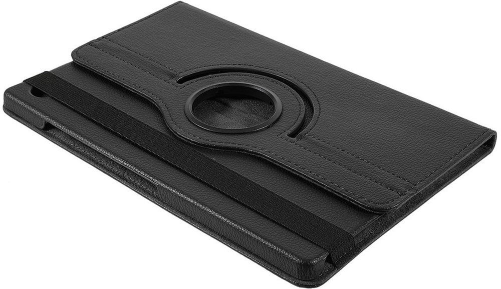 Black tablet case with a rotating ring and an elastic strap.