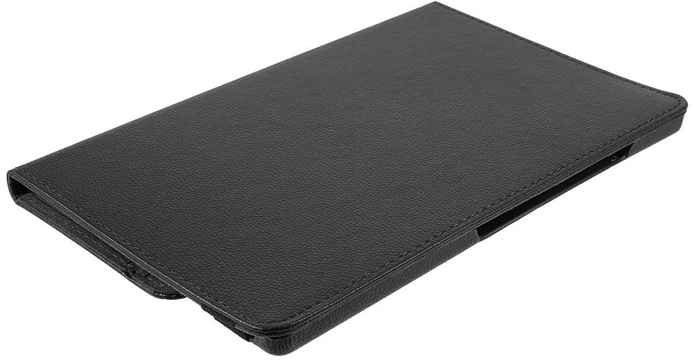 Black leather tablet case, closed. Top view, angled, with a slightly textured surface.