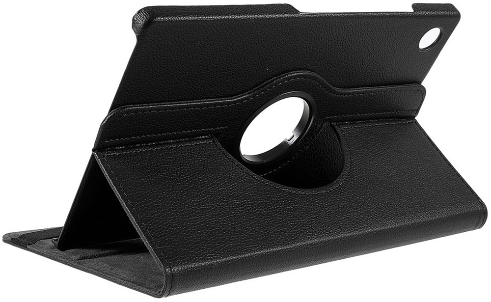 A black tablet case with a swivel ring and stand.