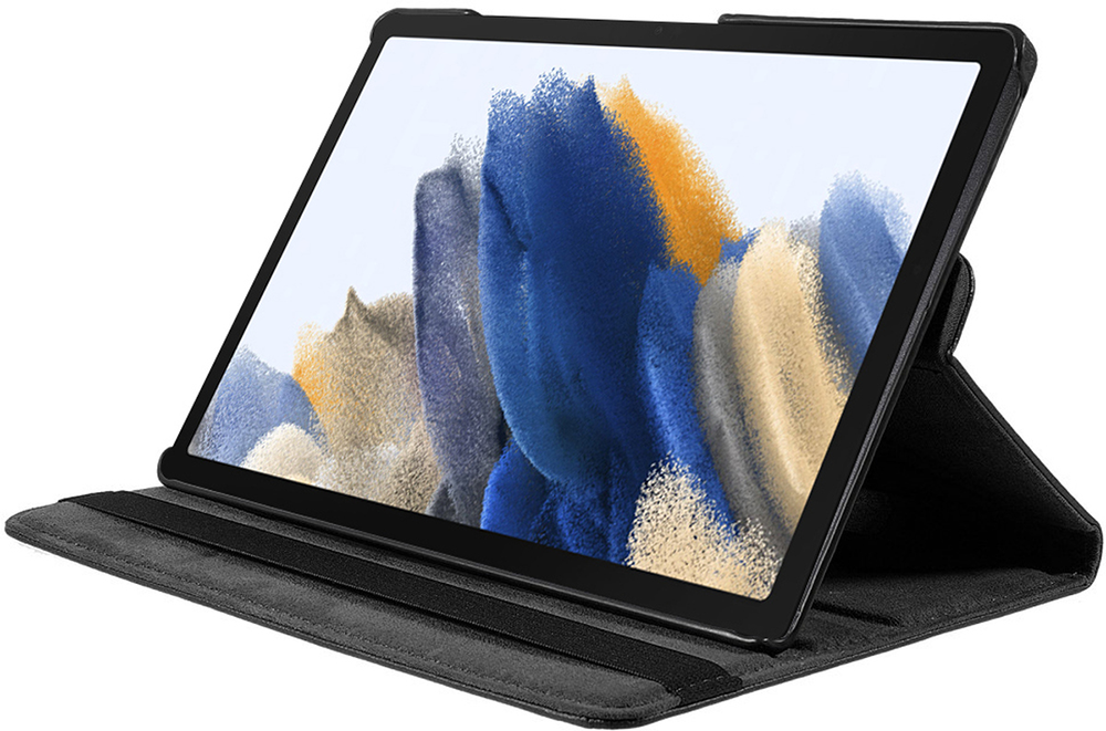 Tablet with a case, propped up. The screen displays a colorful image. White background.