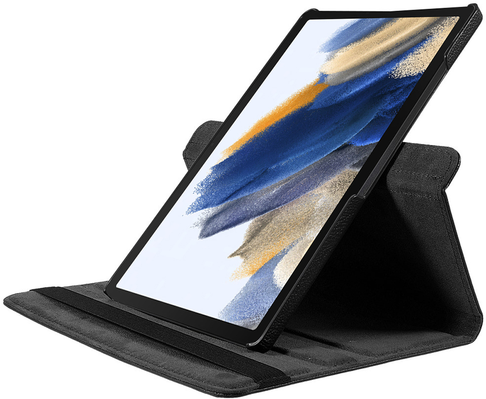 Tablet in a black case. Tablet is angled. Case has elastic band and a textured surface.