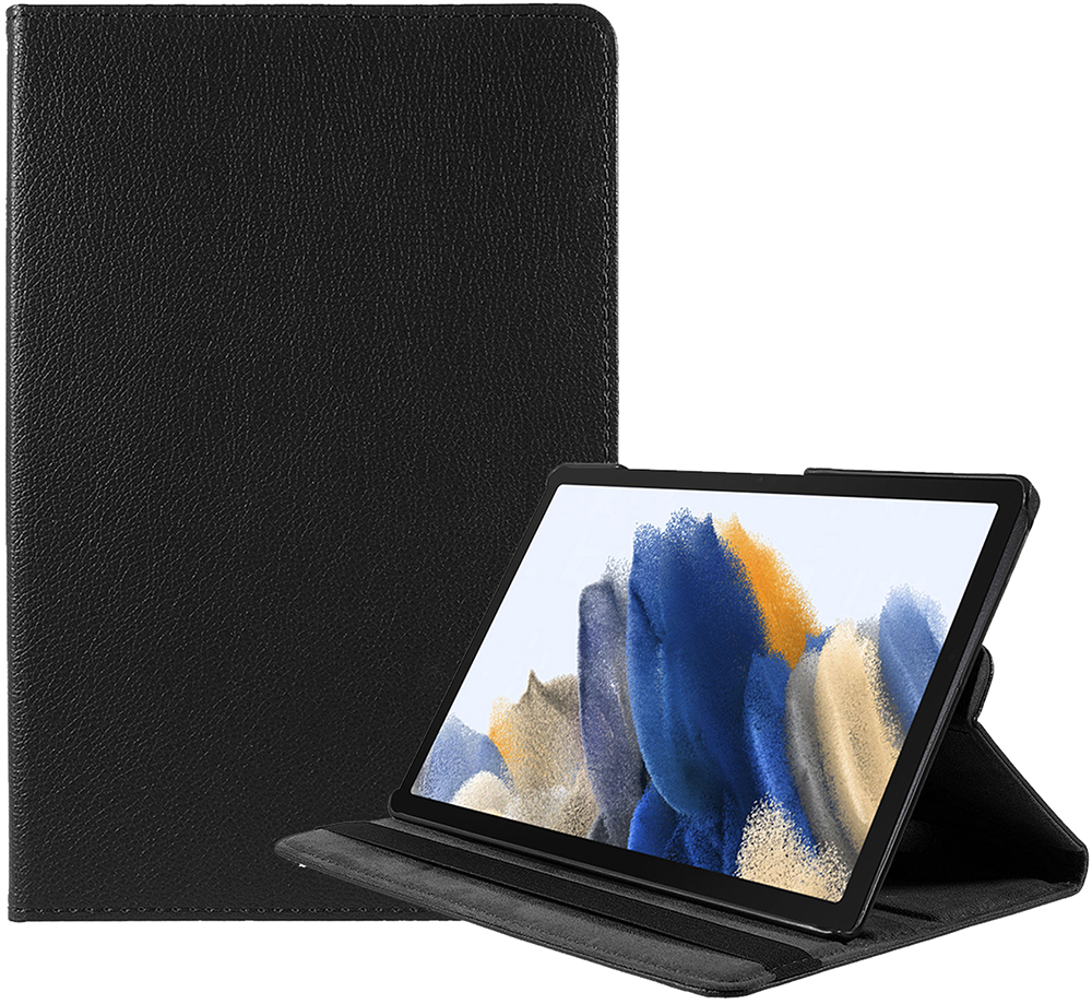 Black tablet in a leather case, open showing the screen.