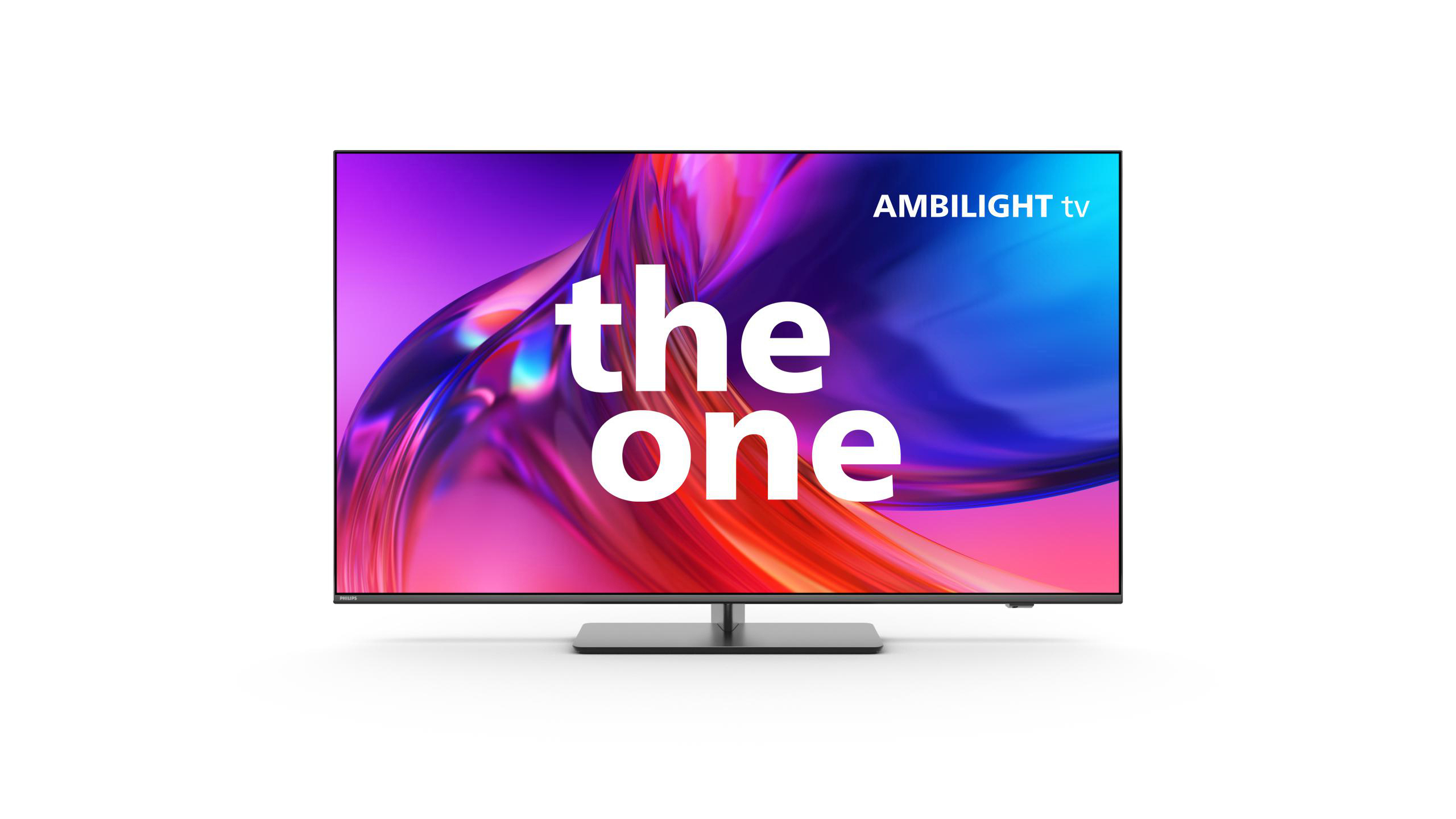 Ein Philips-Fernseher mit den weißen Worten 'the one' und 'Ambilight TV' in der oberen rechten Ecke.