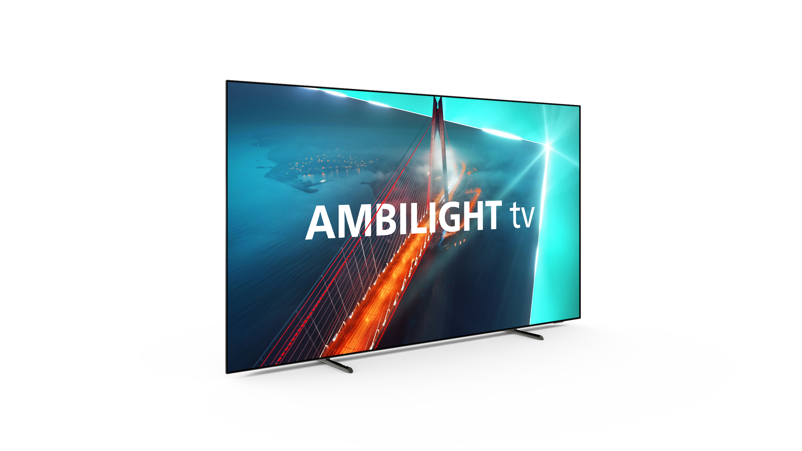 Ein moderner Fernseher zeigt eine Brückenszene mit lebendigen Farben und dem Wort 'AMBILIGHT tv'.