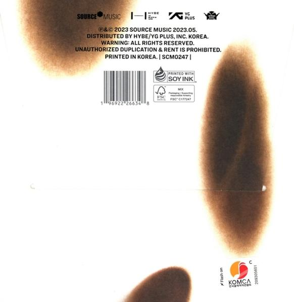 Rückseite einer Produktverpackung. Text, Barcode und braune abstrakte Formen.