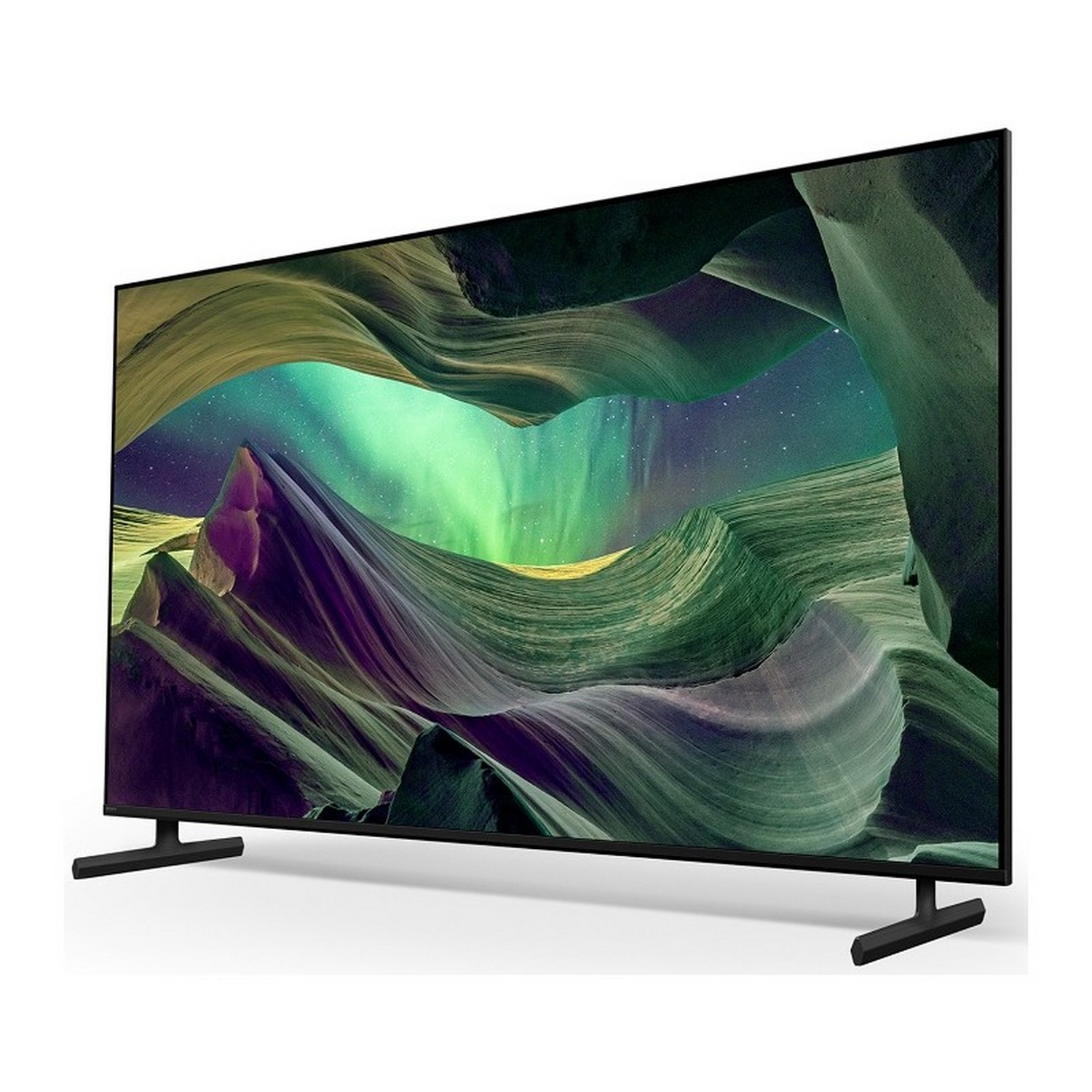 Grote tv met landschap. Groene en blauwe kleuren. Zwart statief en frame.