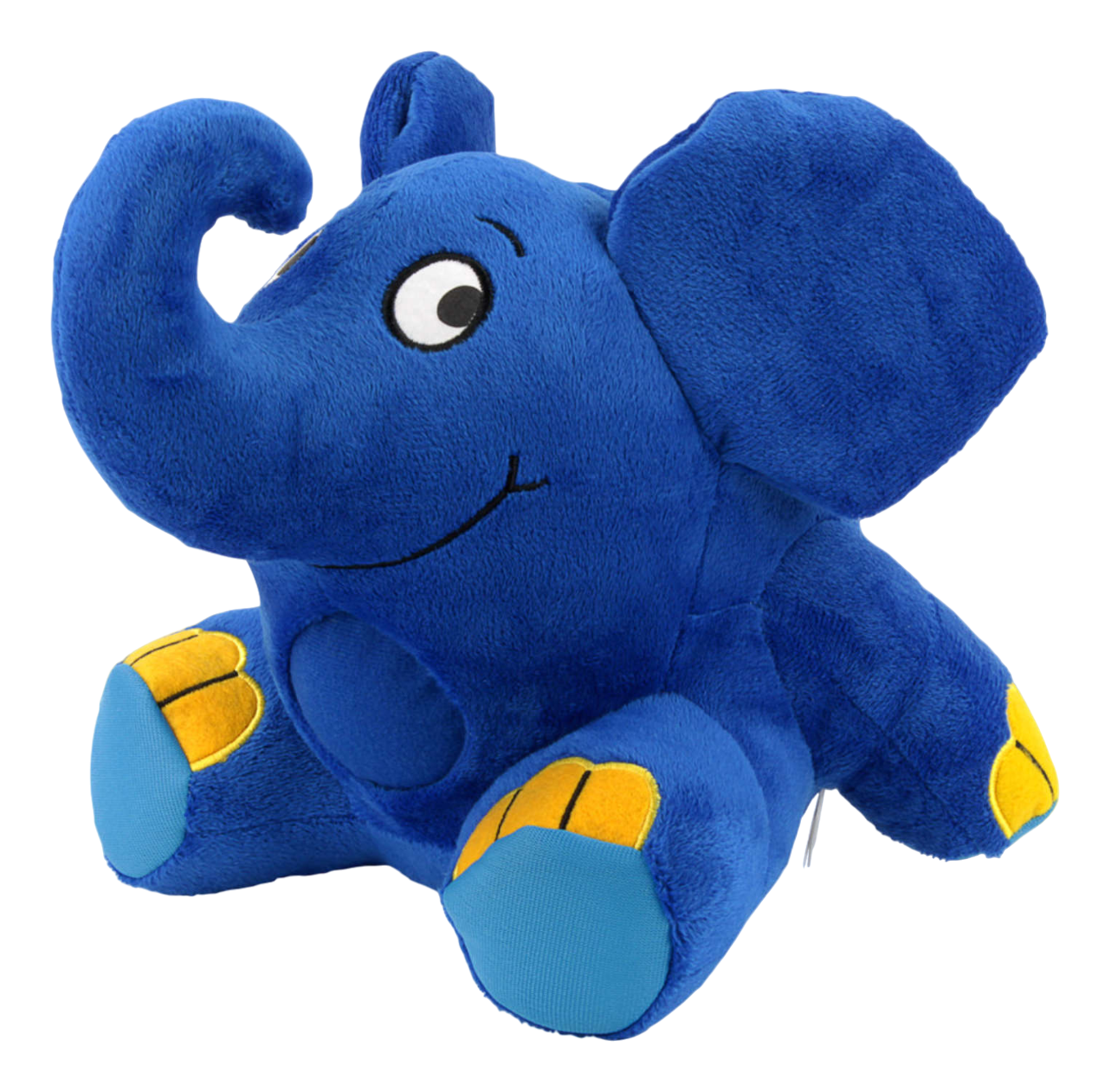 Éléphant en peluche bleu avec pieds et oreilles jaunes. Il est assis et sourit.