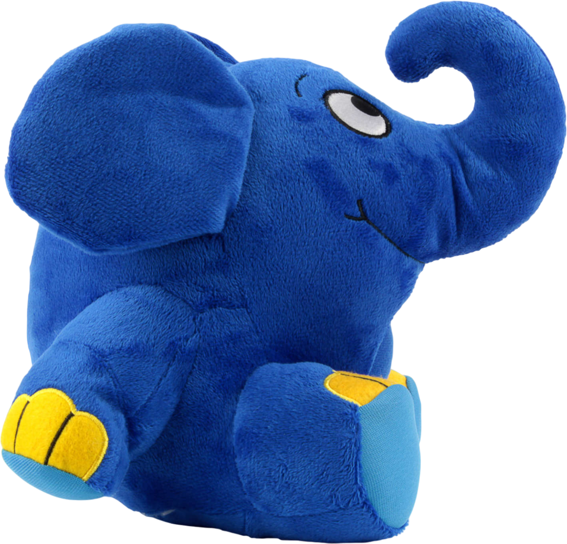 Jouet éléphant en peluche bleu avec des accents jaunes, fond blanc.