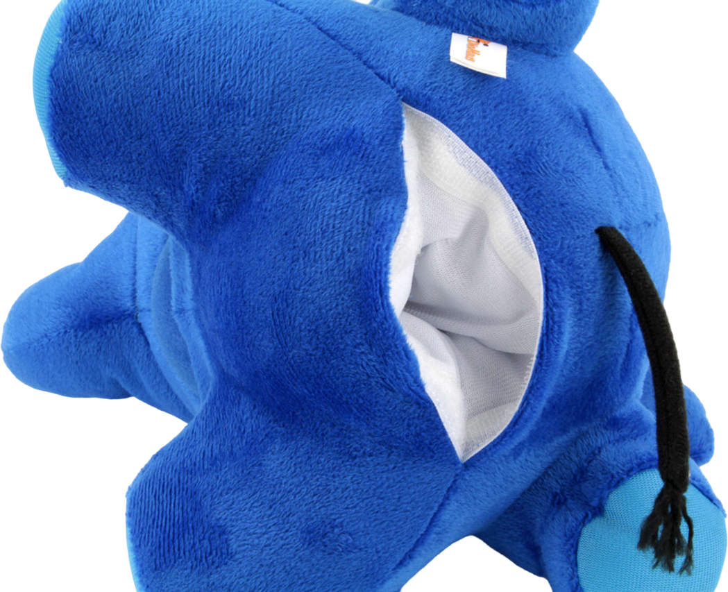 Éléphant en peluche bleu, montrant une ouverture avec du tissu blanc à l'intérieur.