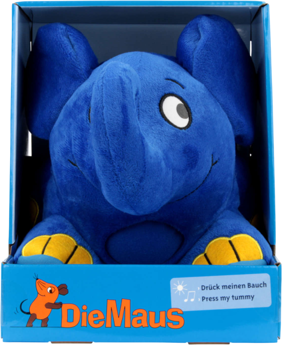 Éléphant en peluche bleu dans une boîte. L'éléphant a une grande trompe, des oreilles et des pieds jaunes. Fond blanc.