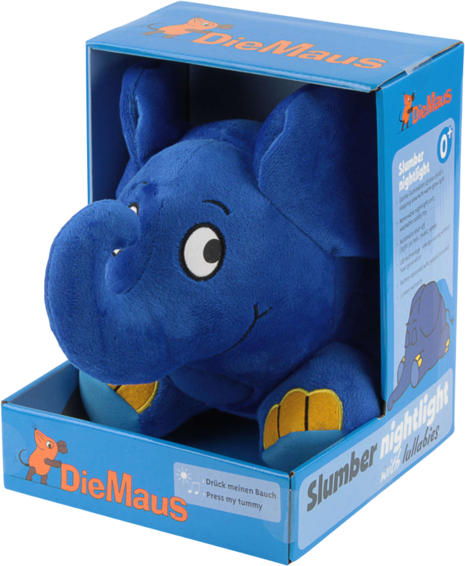 Peluche éléphant bleu dans boîte bleue, avec texte 'Veilleuse sommeil avec berceuses'.