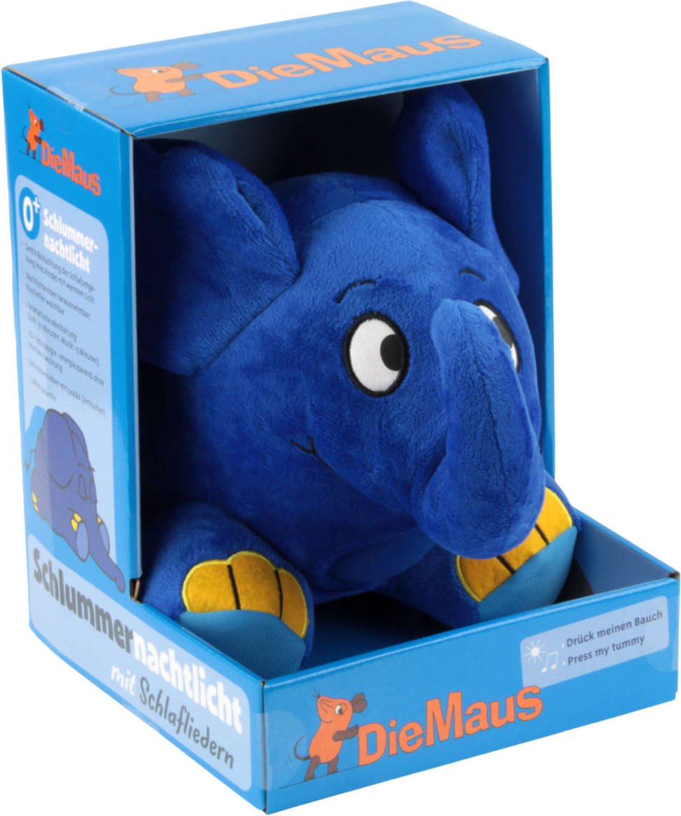 Peluche éléphant bleu dans une boîte. Texte décrit les caractéristiques du jouet.