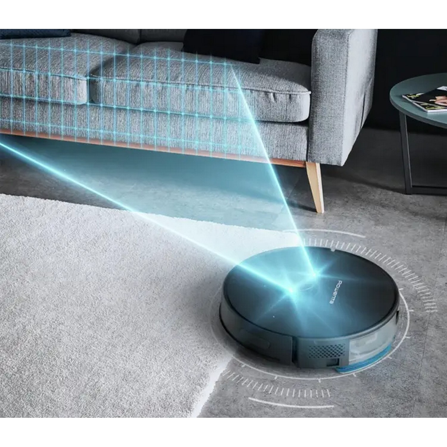 Robot vacuum cleaner on a rug and floor. Blue laser beams indicate its cleaning area.