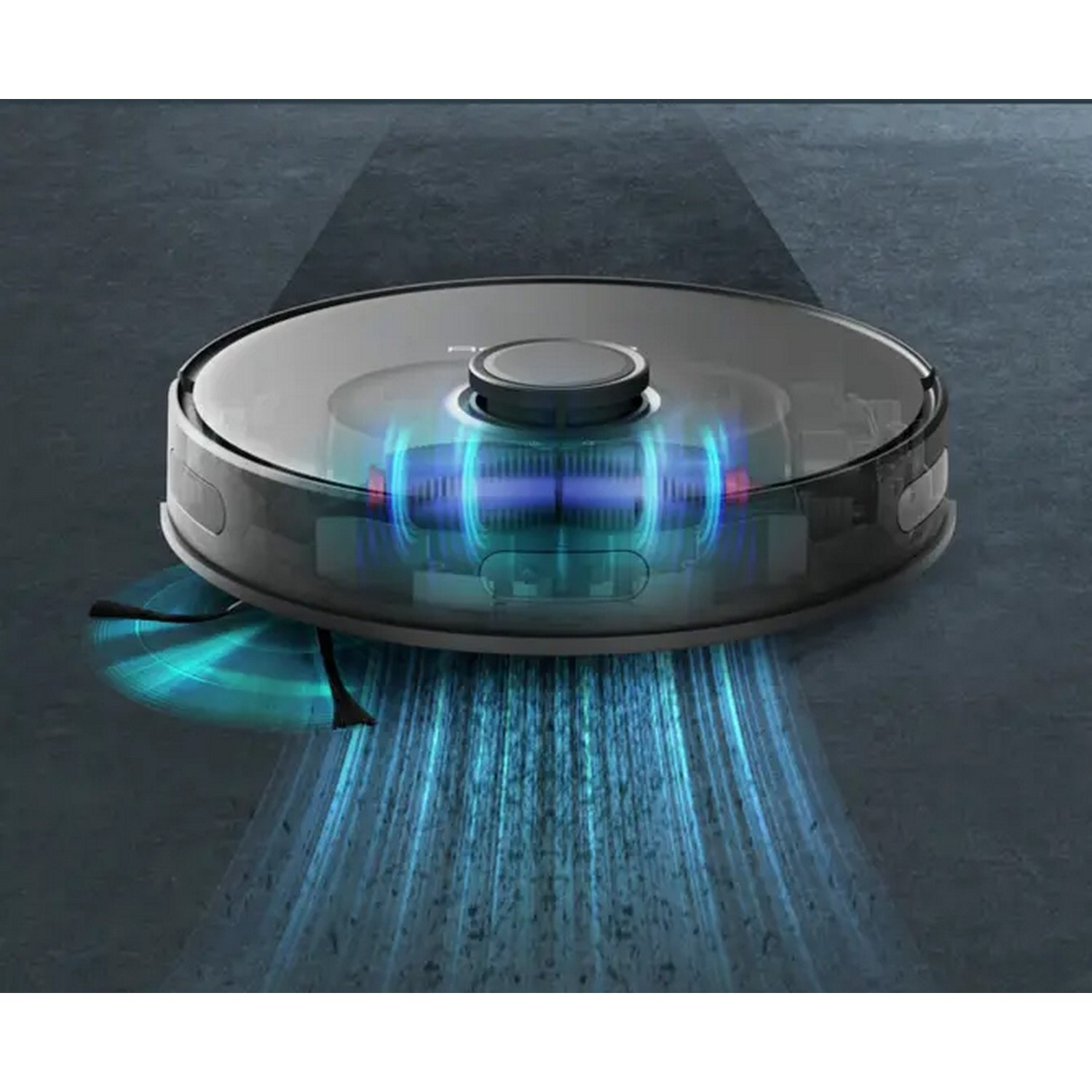 Robot vacuum cleaner. Round, dark gray with blue light. Clear section with blue light beams.