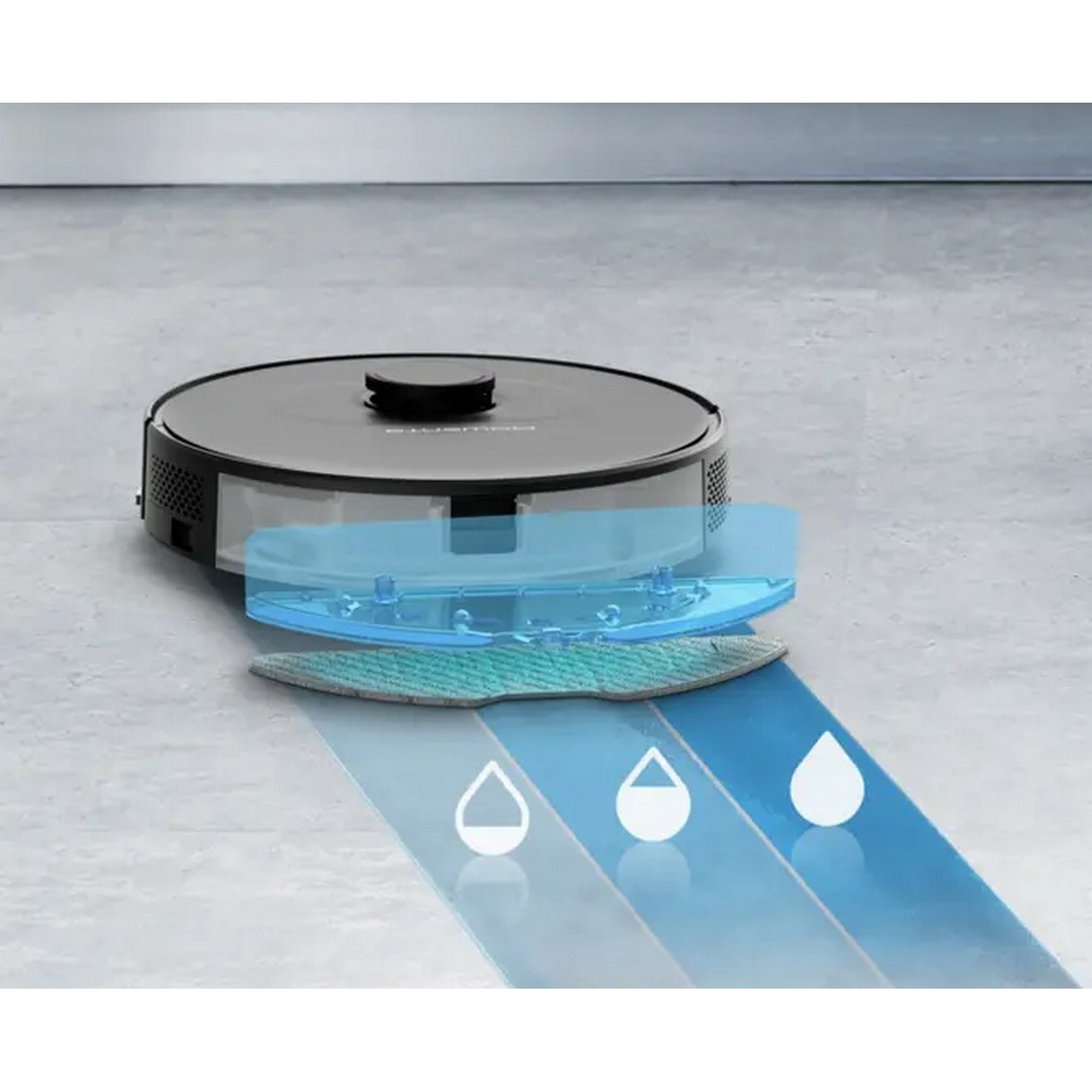 Robot vacuum cleaner with water drops illustration, showing cleaning process.