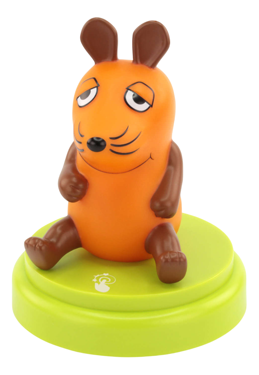 Personaggio di topo arancione dei cartoni animati con grandi orecchie e base verde.