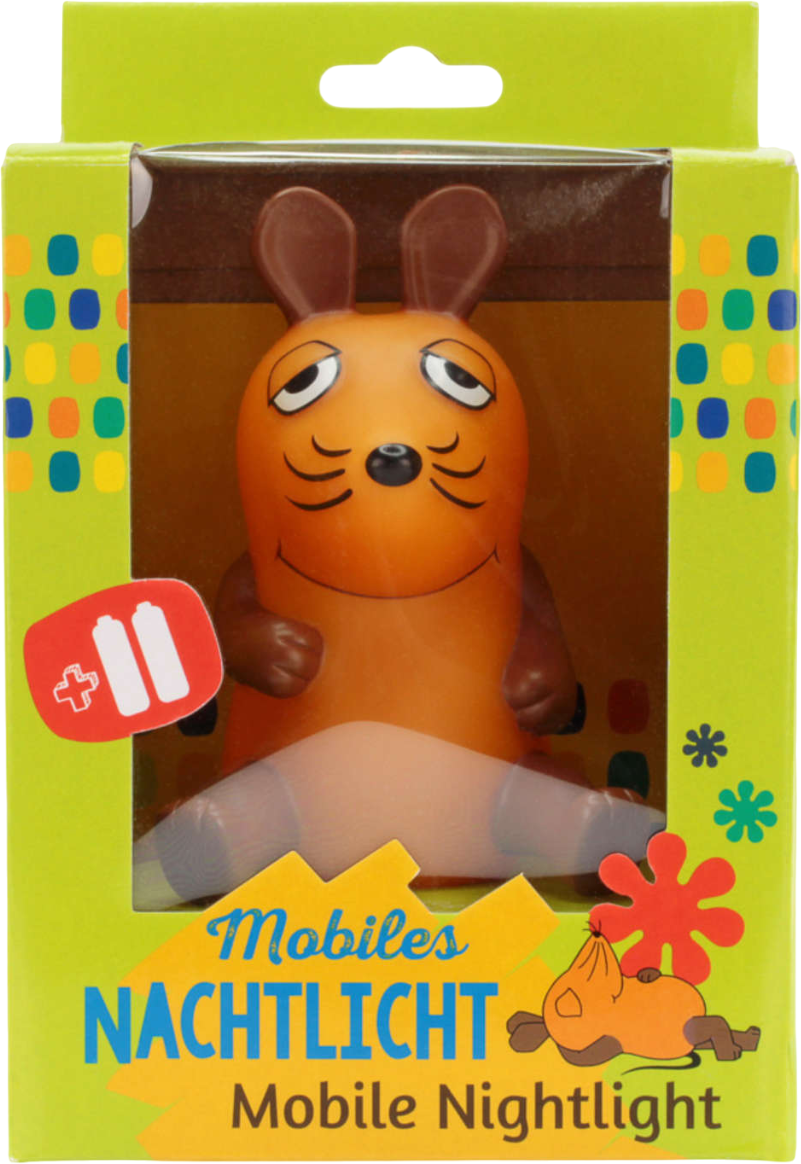 Scatola con personaggio dei cartoni animati, luce notturna e batterie. Verde.