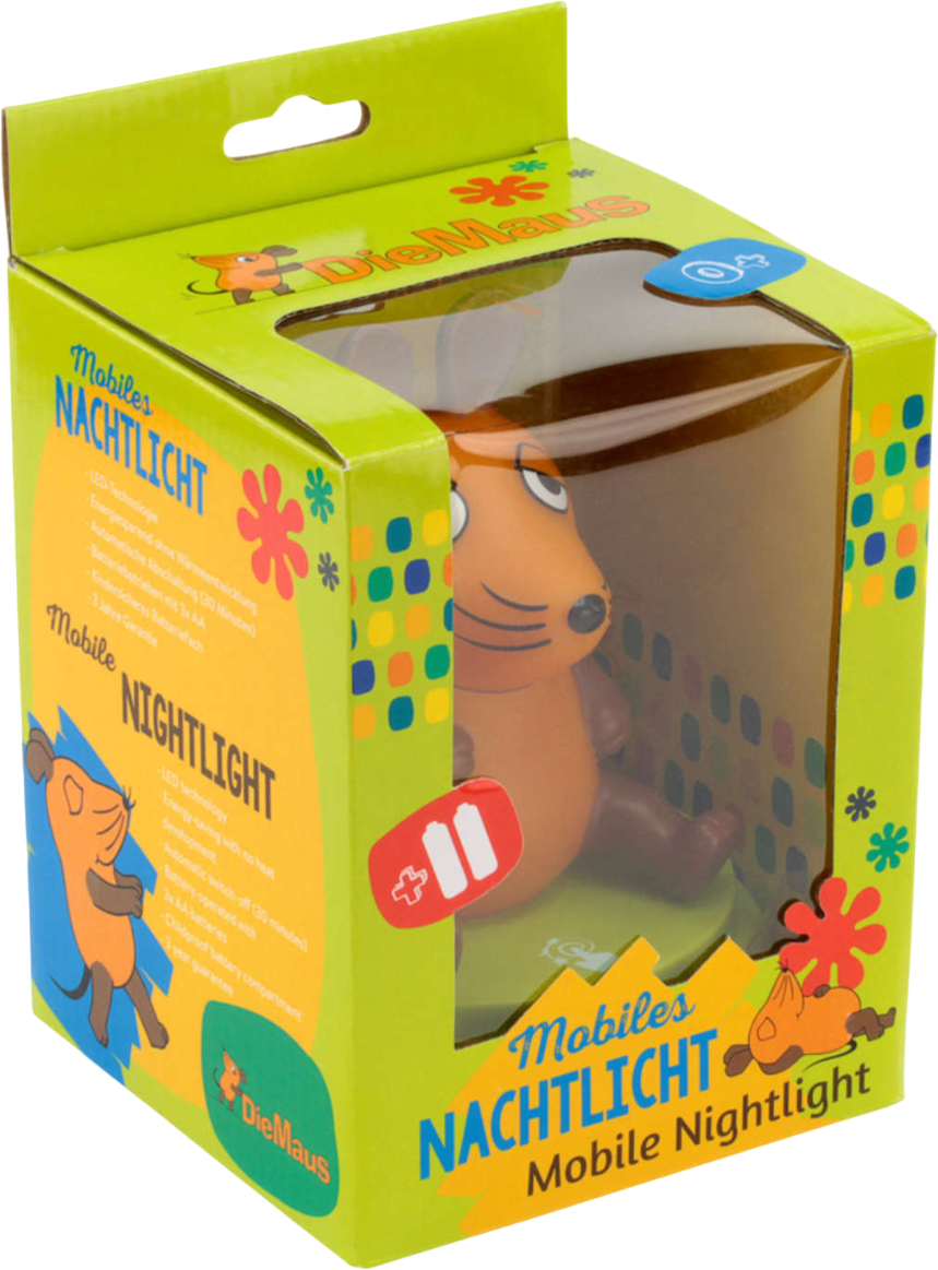 Una scatola con una luce notturna a forma di topo giocattolo. La scatola è verde e arancione.