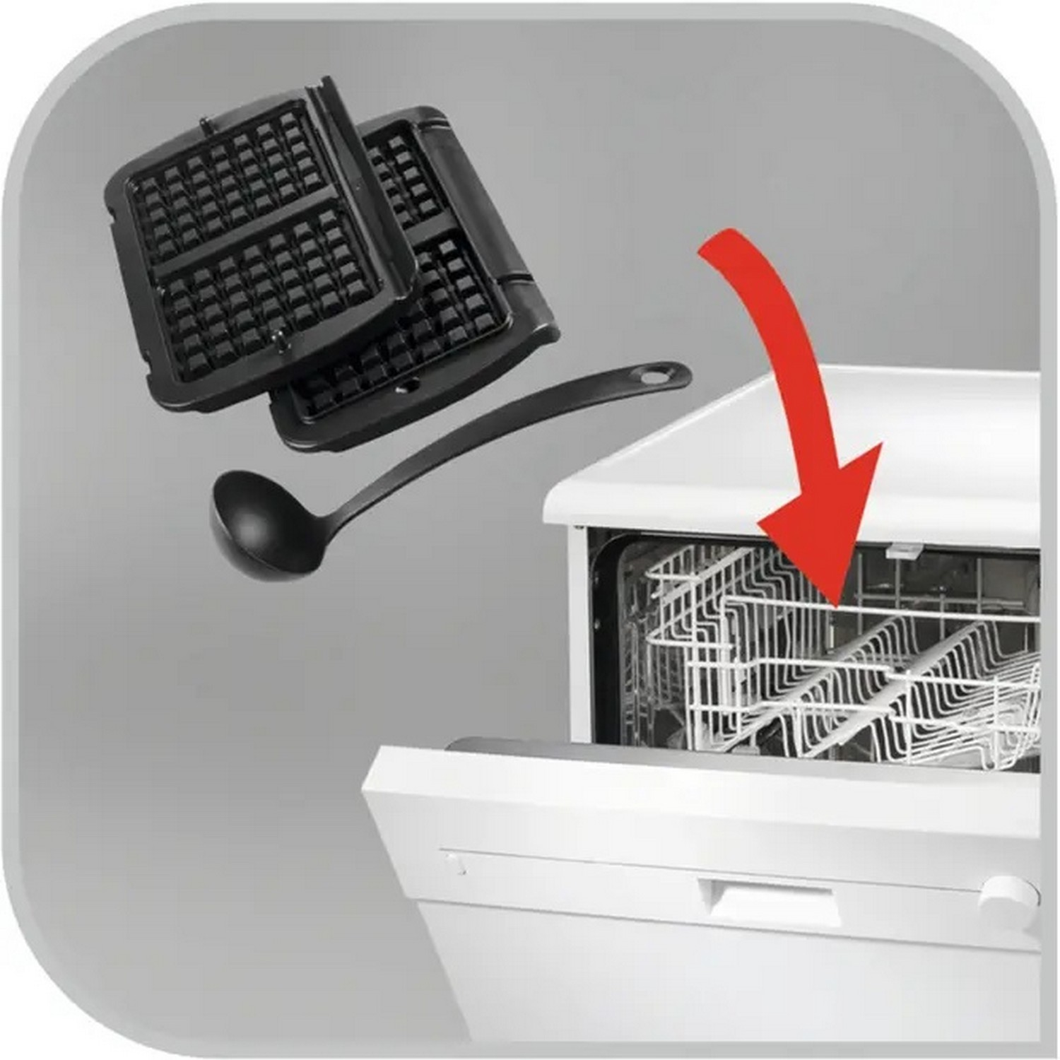 Waffle iron parts and a ladle over a dishwasher. Red arrow points down.