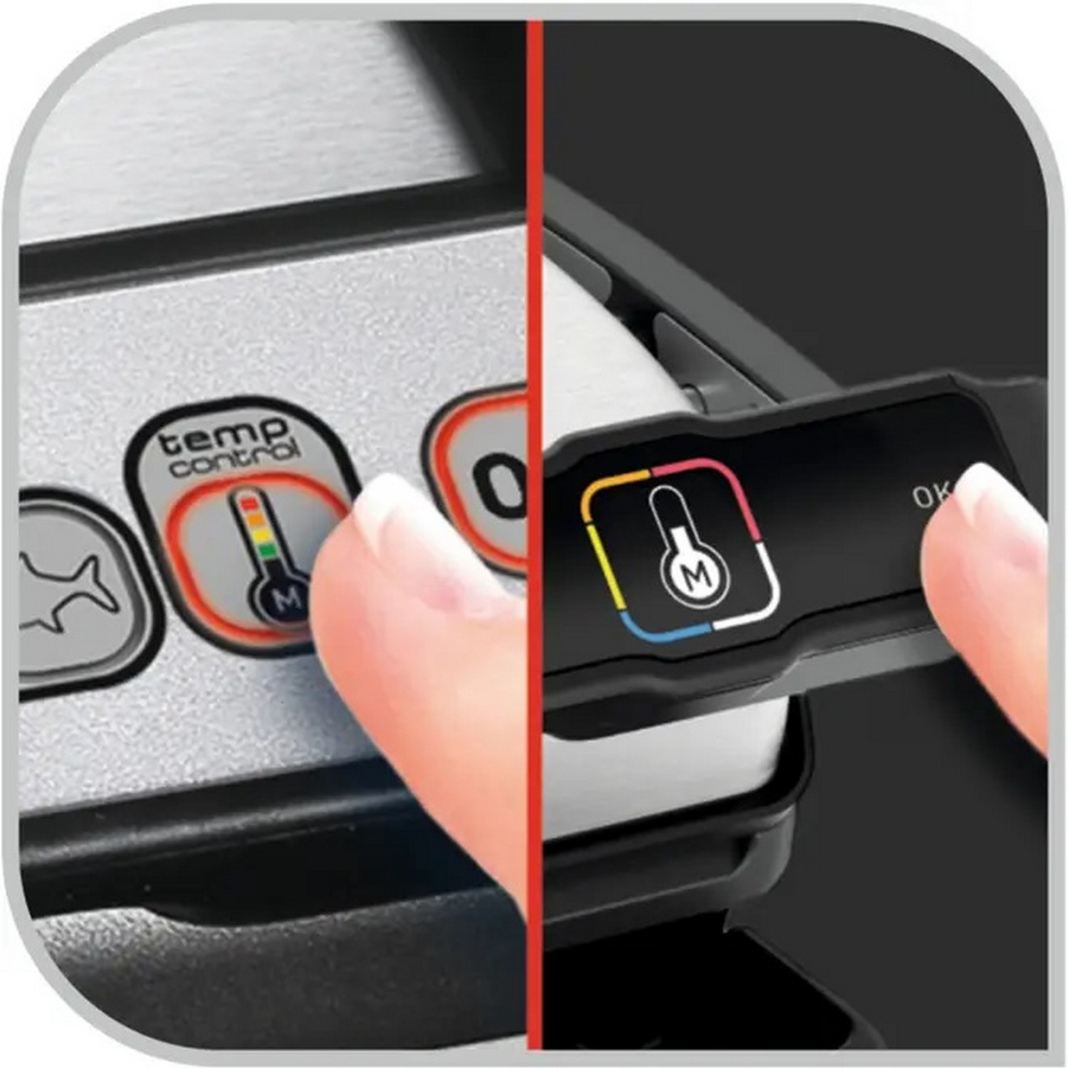 A person pressing the temp control button on a grill. Temperature gauge visible.