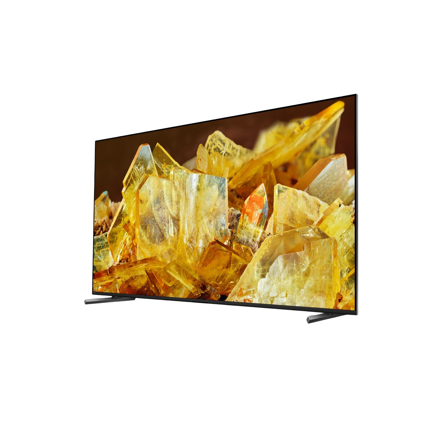 Large TV screen with yellow crystals on the display, black background.