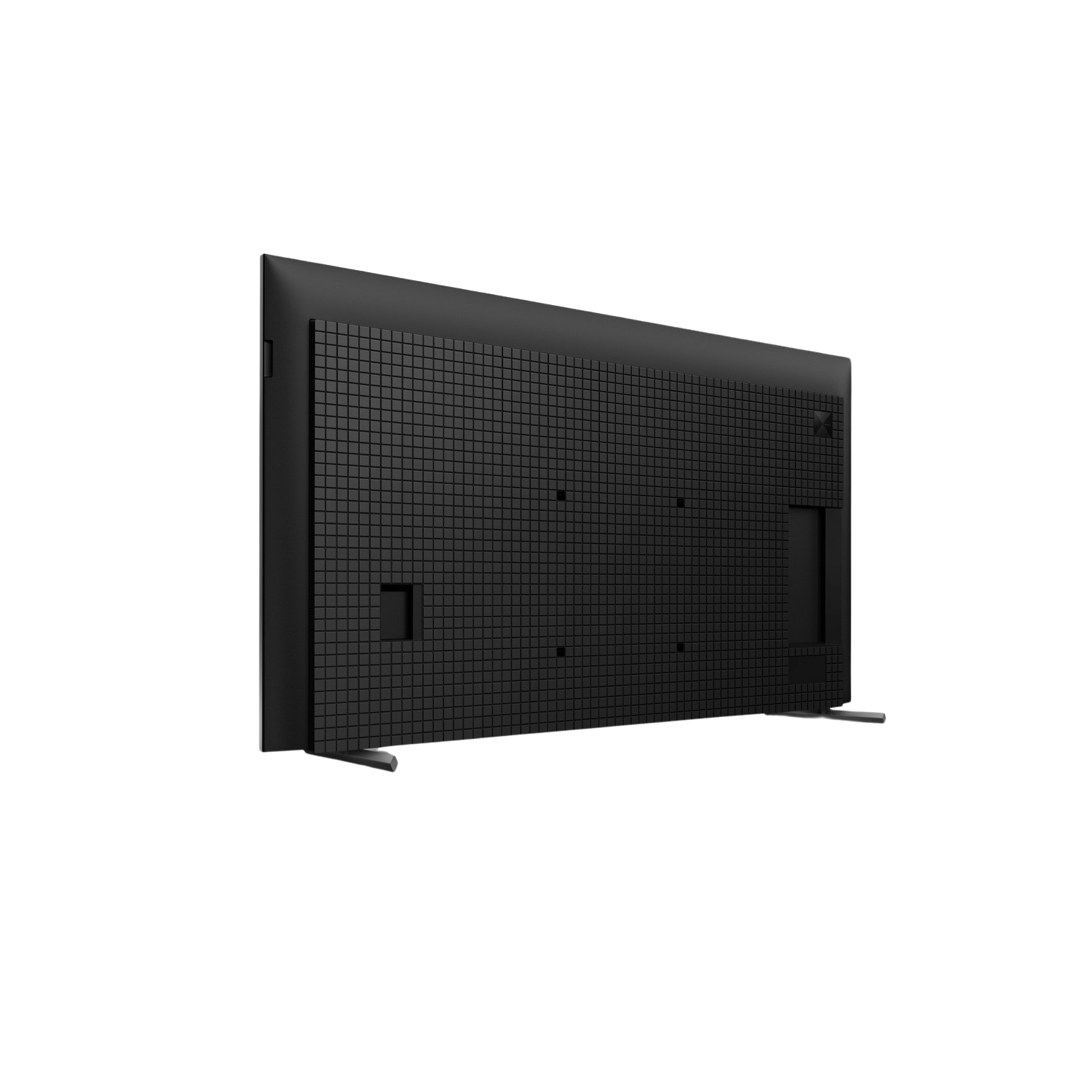 Rear view of black Sony TV with a grid-like pattern and two stands on black.
