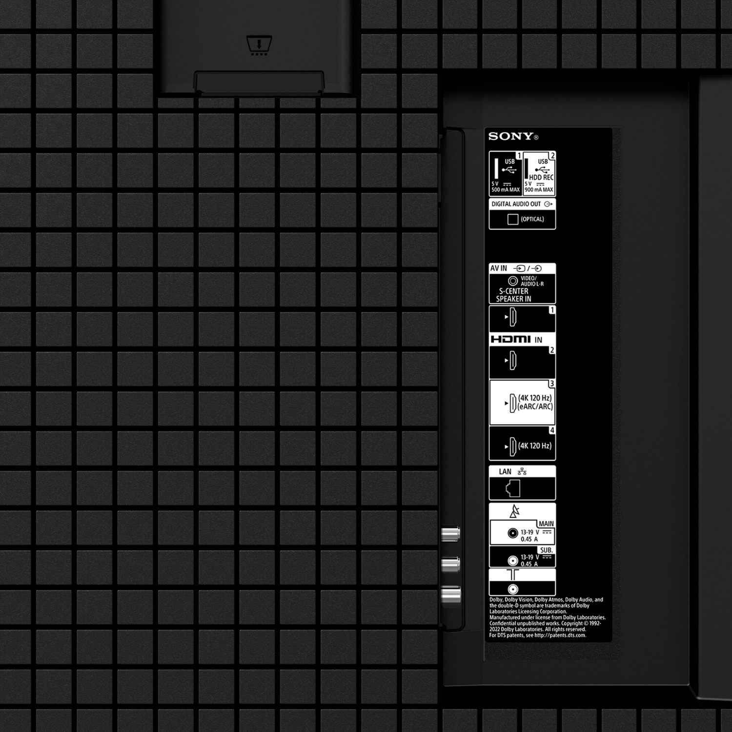 Close up of the back of a black TV. Contains several ports and labels.