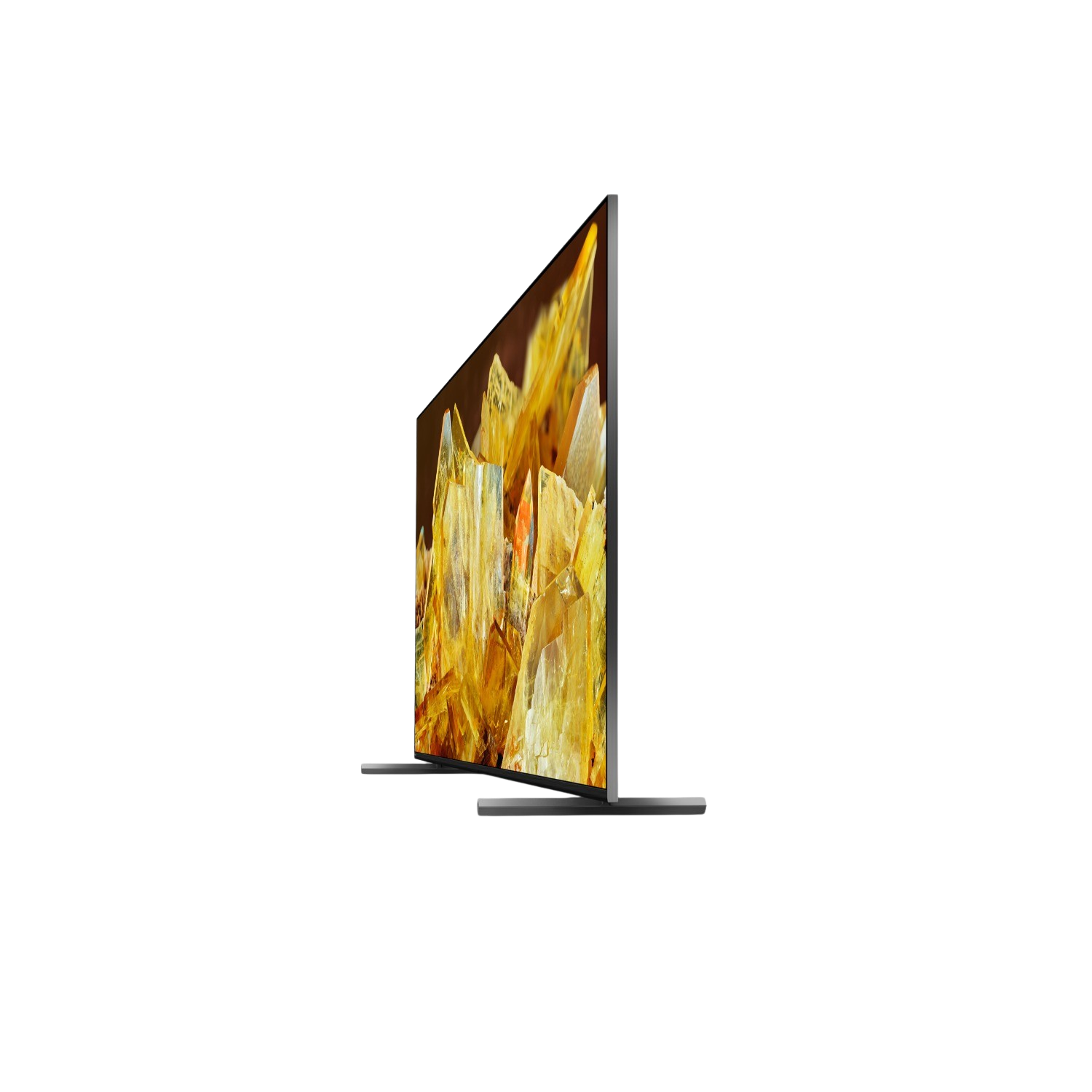 Side view of a modern yellow TV against a black backdrop.
