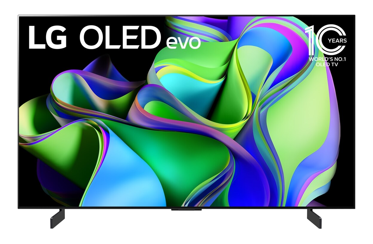 TV LG OLED evo sur fond noir. Comporte un design abstrait coloré et le logo LG.