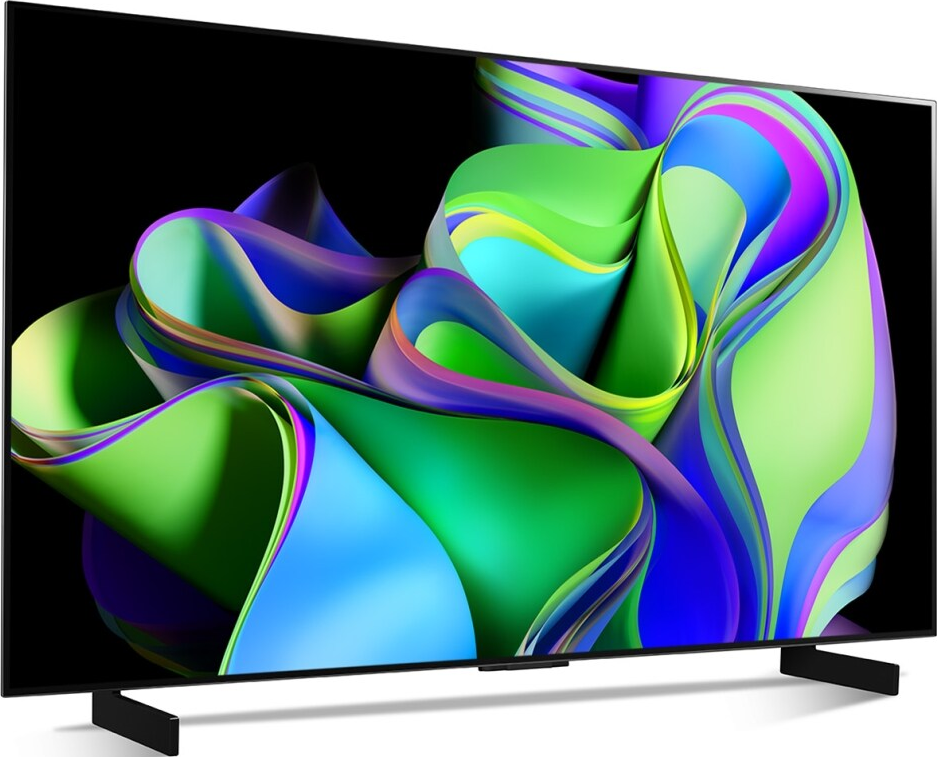 Une télévision moderne avec un design abstrait coloré sur son écran et des pieds noirs.