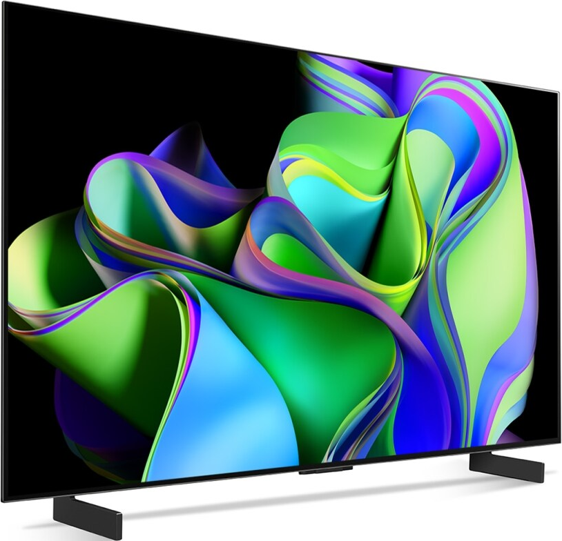 Un téléviseur à grand écran avec un design abstrait et coloré. Les teintes vertes, bleues et violettes dominent.