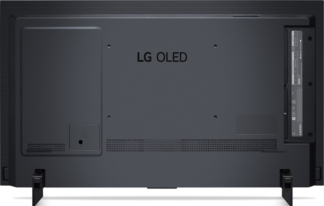 Vue arrière d'un téléviseur LG OLED noir, avec ses pieds.