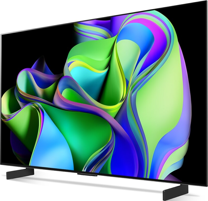 Une grande télévision avec de l'art abstrait coloré affiché sur l'écran.