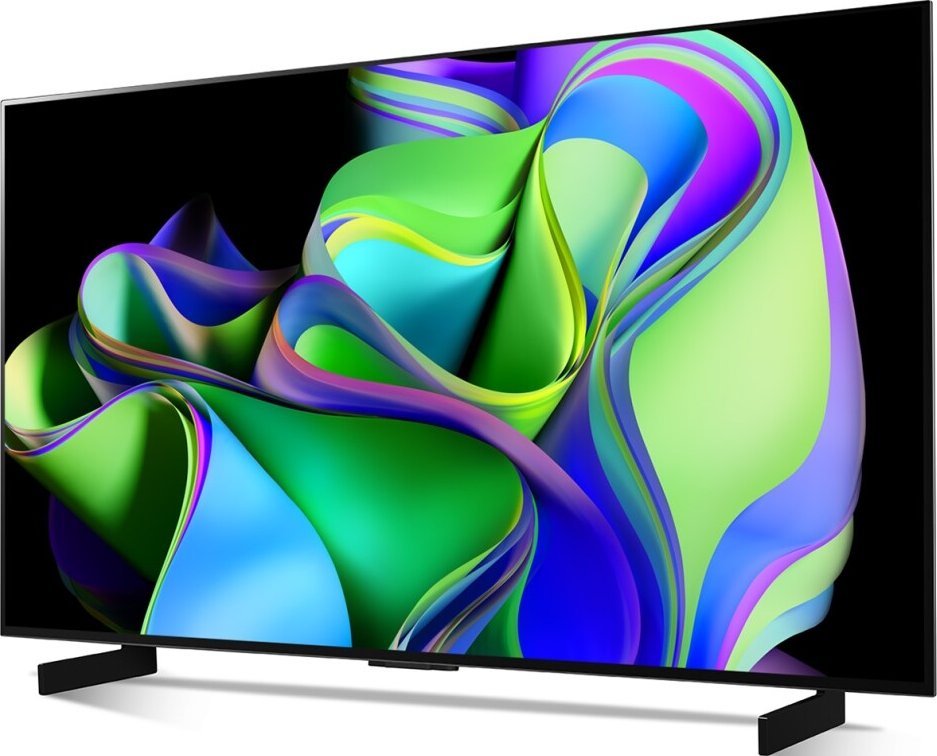 TV noir avec art abstrait coloré sur l'écran. Il repose sur des supports noirs.