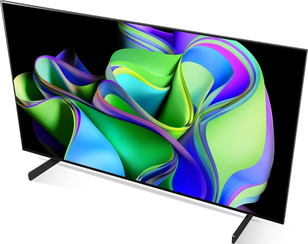 TV affiche un design abstrait coloré sur un écran noir.