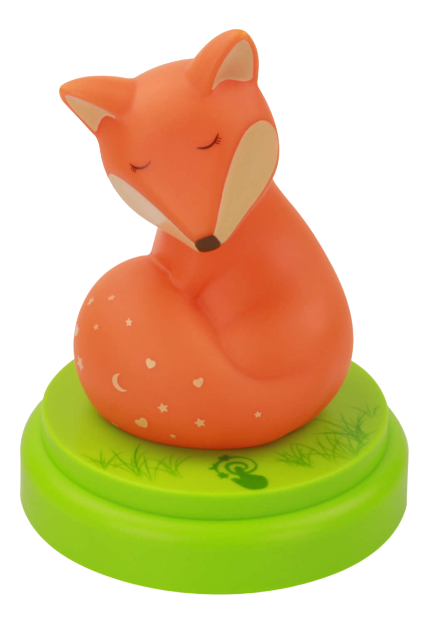 Luce notturna a forma di volpe arancione su base verde con decorazioni di stelle e luna.