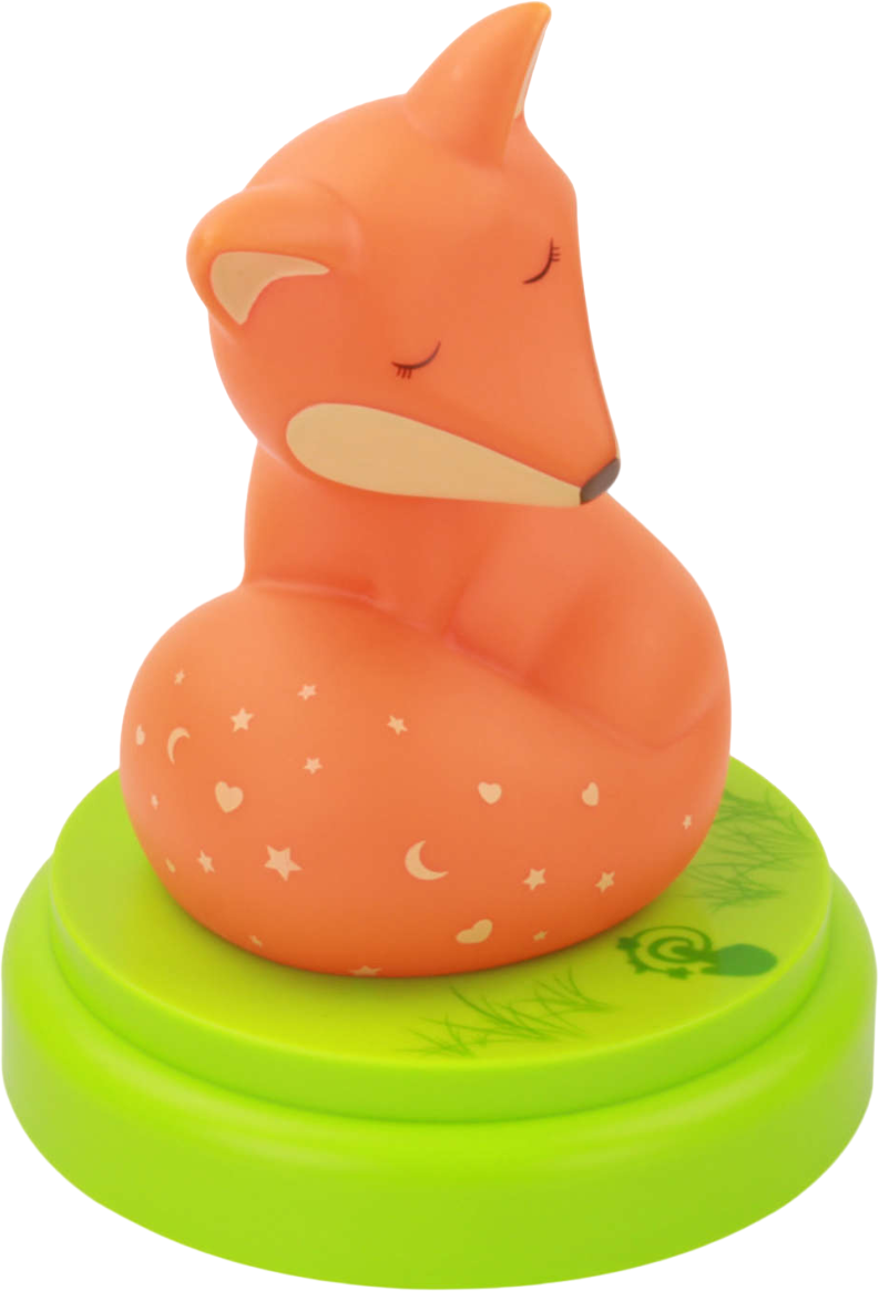 Una luce notturna a forma di volpe arancione su una base verde, con stelle e lune sul corpo.