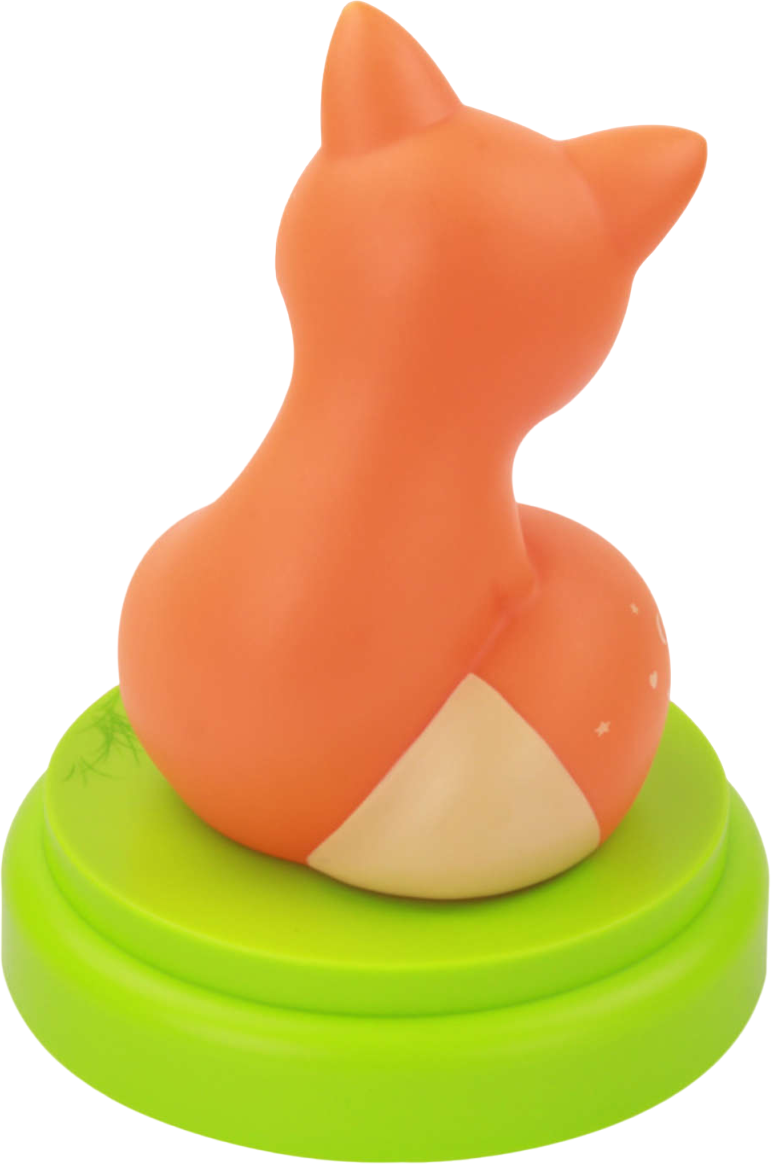 Luce notturna a forma di volpe arancione su una base verde.