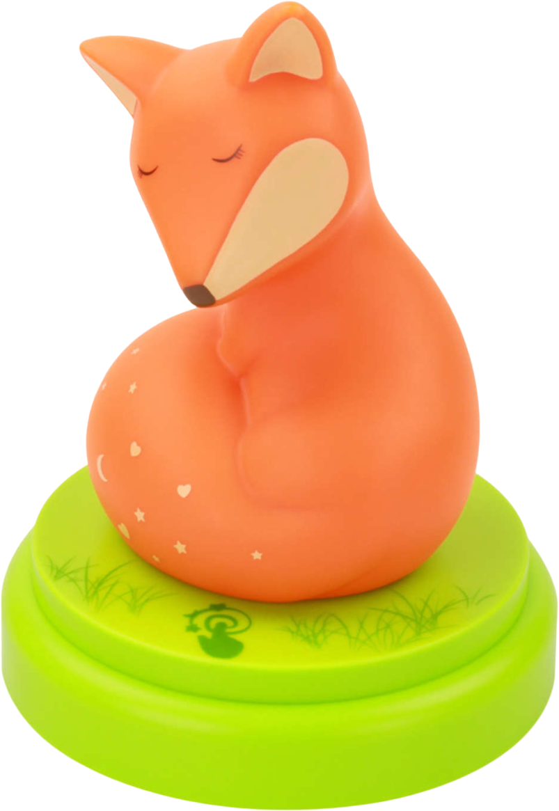 Una simpatica luce notturna a forma di volpe arancione su una base verde, con gli occhi chiusi.