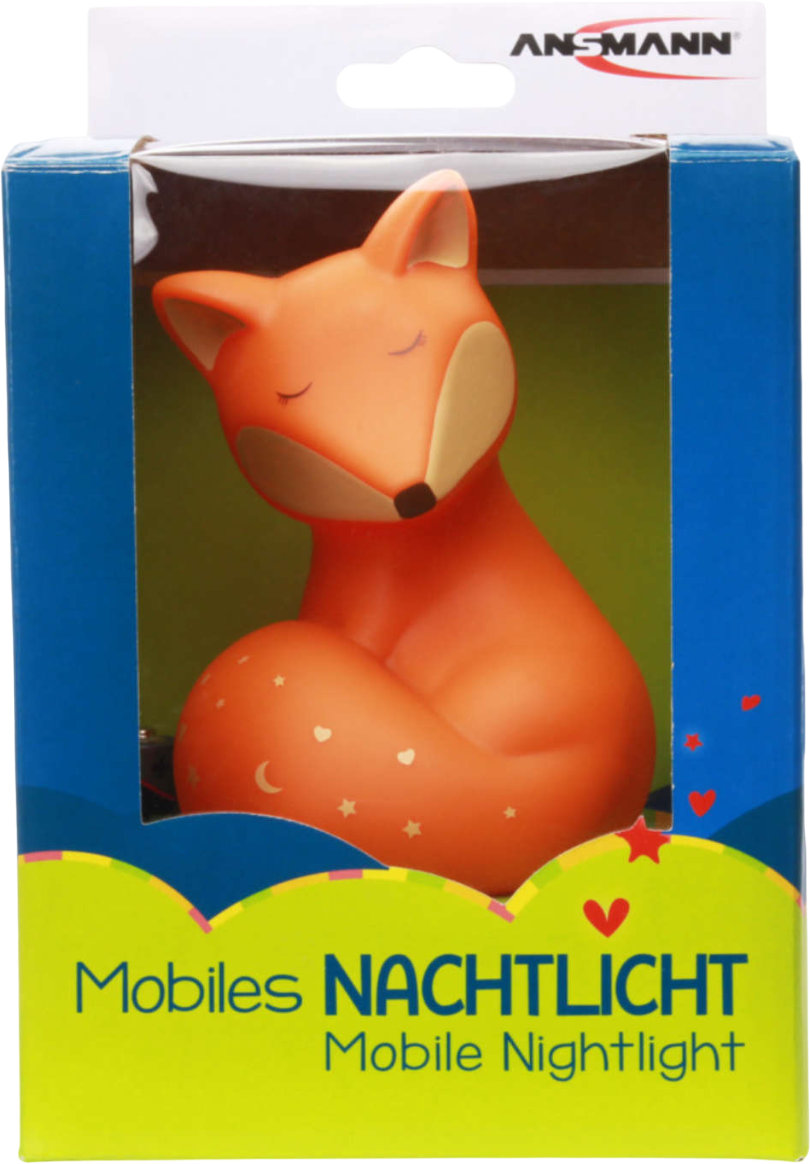 Luce notturna in scatola, volpe arancione, scatola blu.