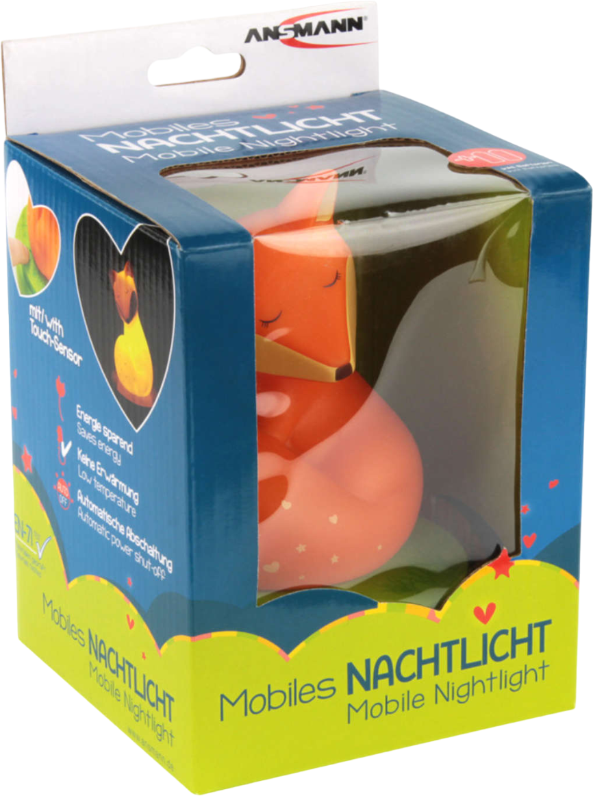 Una luce notturna in una scatola: una lampada a forma di volpe con un design verde e arancione.