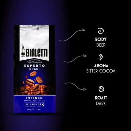 Bialetti kávécsomag, amely a test, az aroma és a pörkölési jellemzőket jelzi.