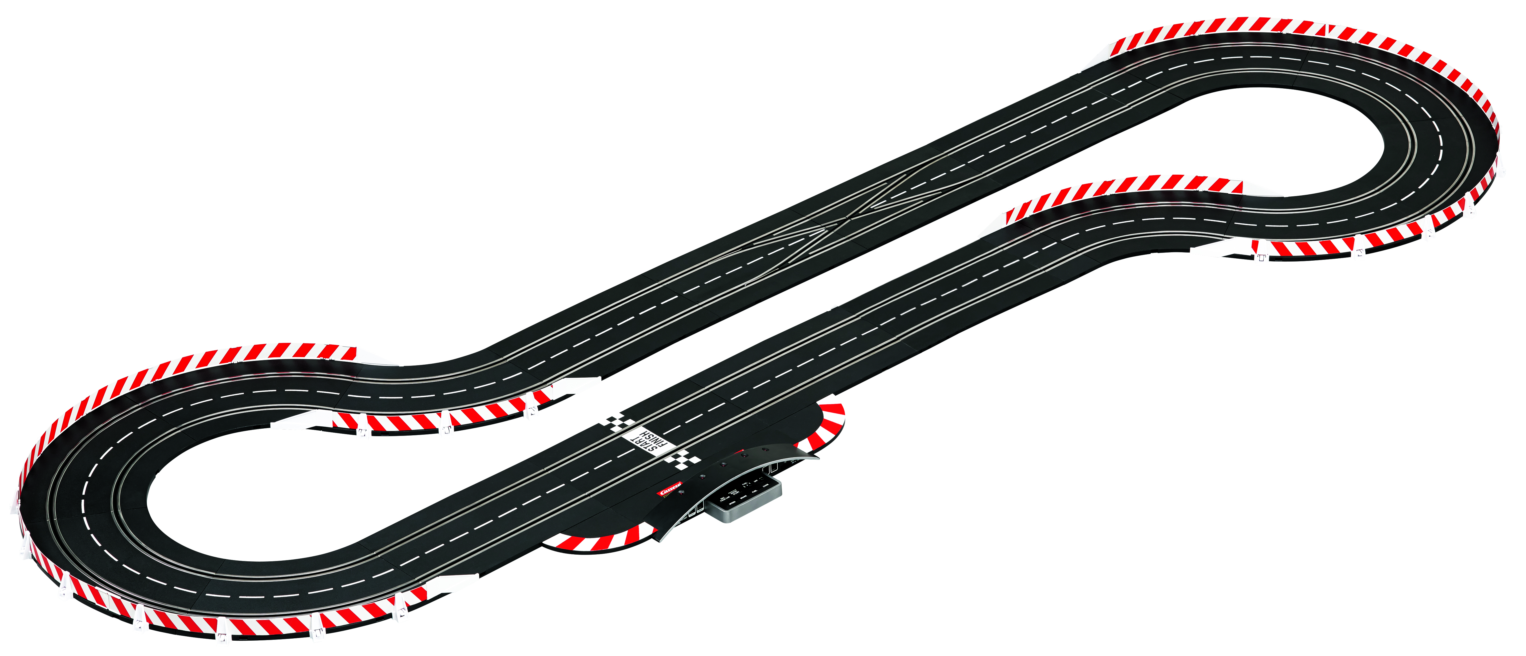 Slot-Car-Rennstrecke. Schwarze Strecke mit rot-weißen Bordüren. Schleife und Kurven.