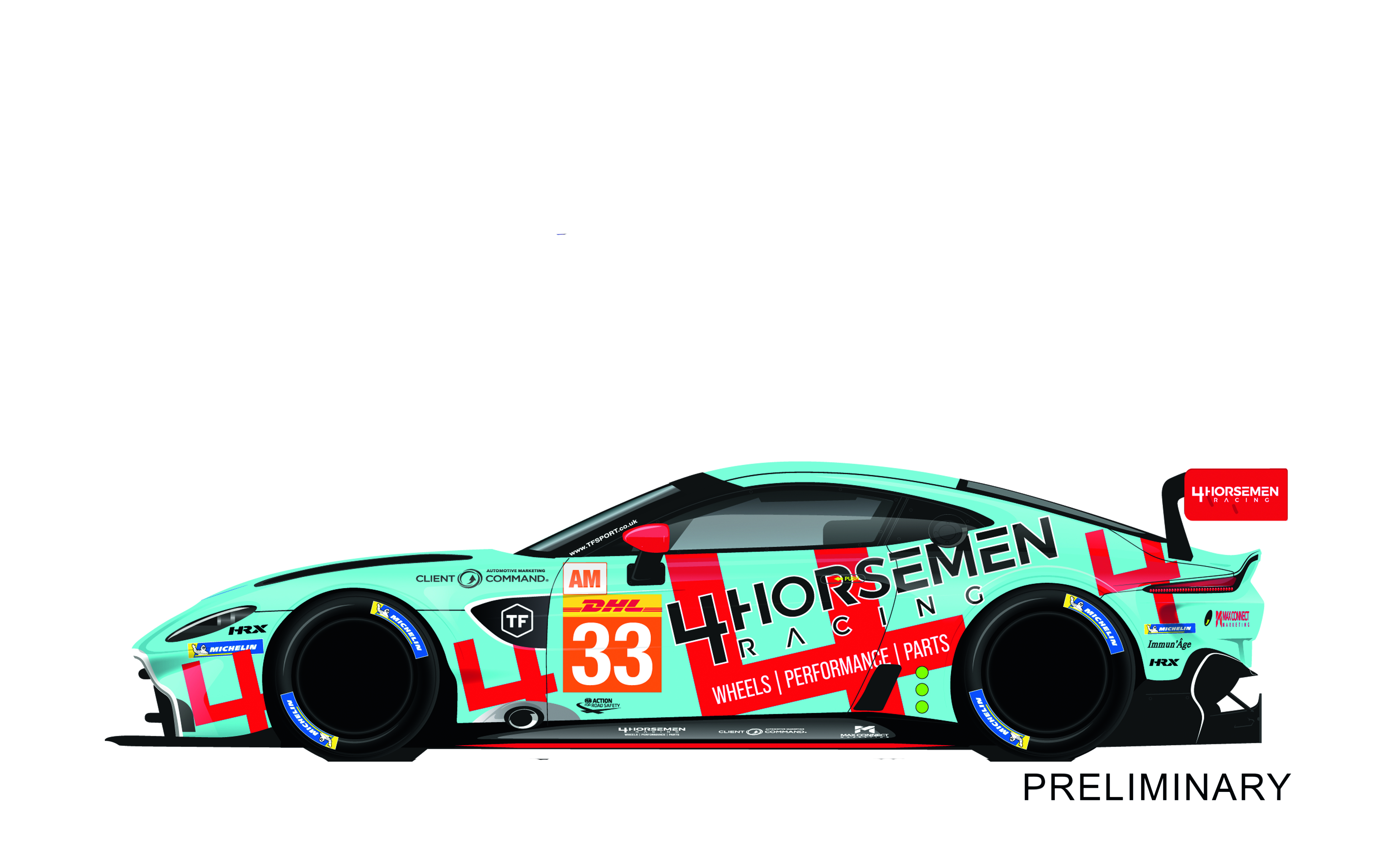 Rennwagen mit Sponsoren, Seitenansicht, auf weißem Hintergrund.