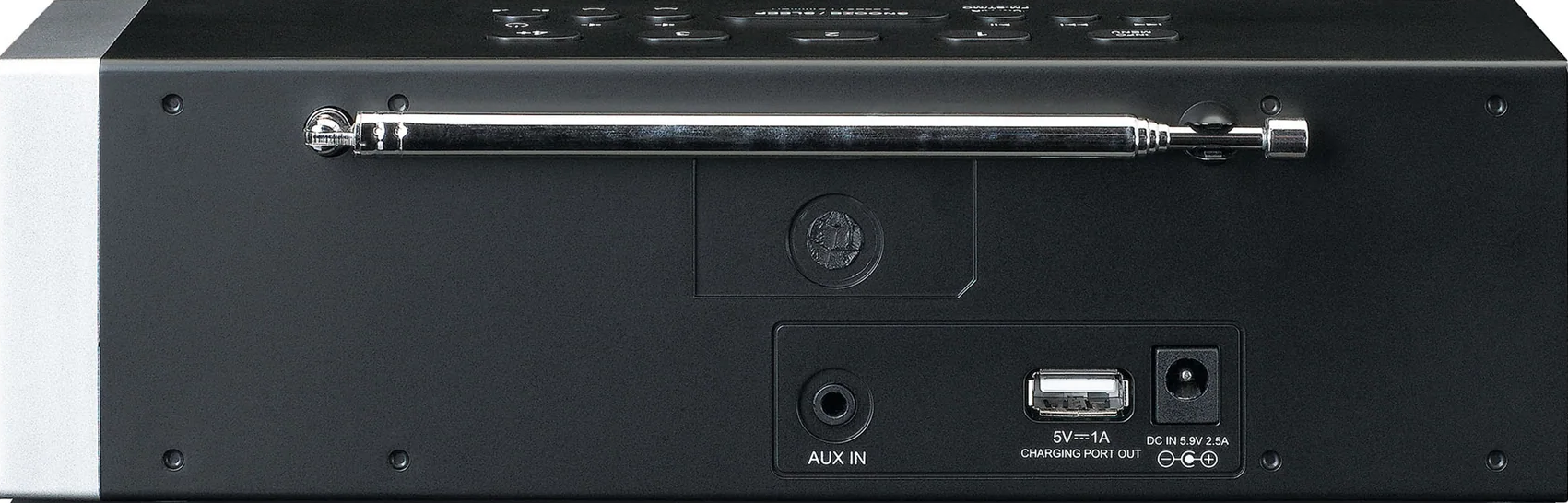 Dos d'un appareil audio noir avec une antenne, un port USB et une entrée AUX.