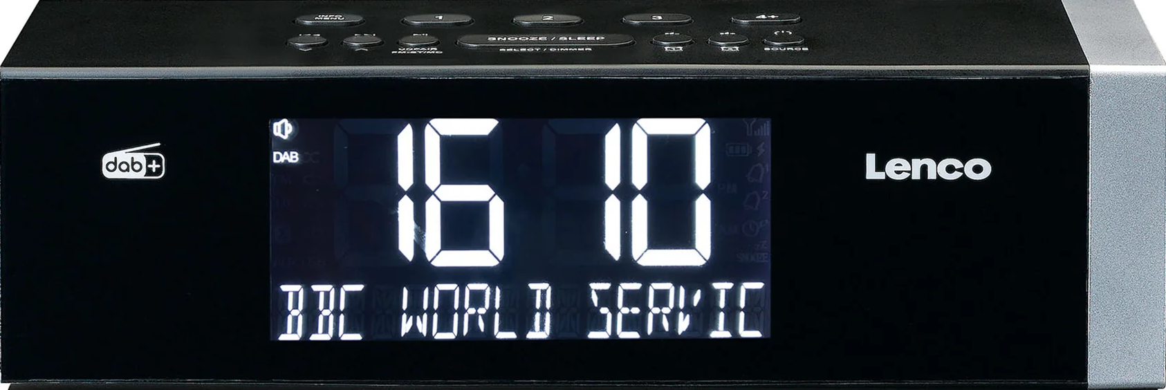Réveil numérique noir affichant l'heure 16:10 et BBC World Service à l'écran.