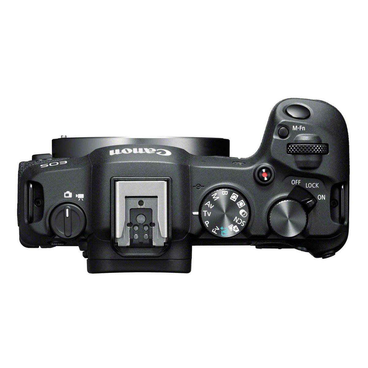 Vista cenital de una cámara Canon EOS negra con varias ruedas y botones.