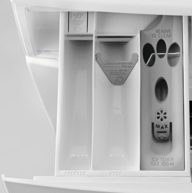 Dozownik do detergentu z przegródkami: Pranie wstępne, Pranie i Płyn do płukania.