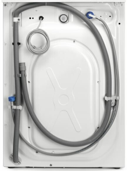 Tył białej pralki. Widoczne węże i kable. Biały z kształtem krzyża.