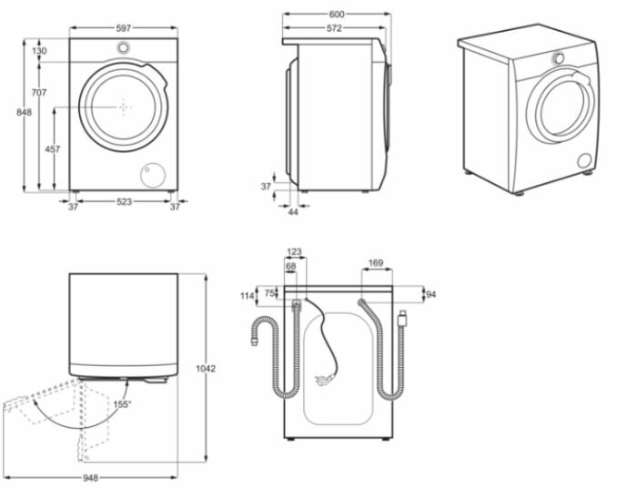 Rysunek linii pralki z wymiarami. Maszyna jest biała i ma drzwi ładowane od przodu.